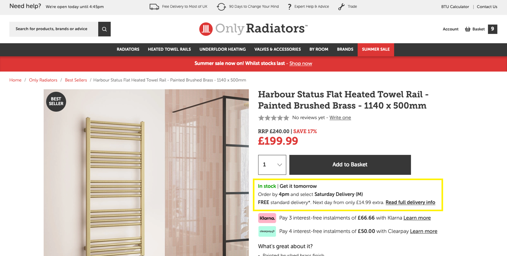 Showing an Item with next day delivery.