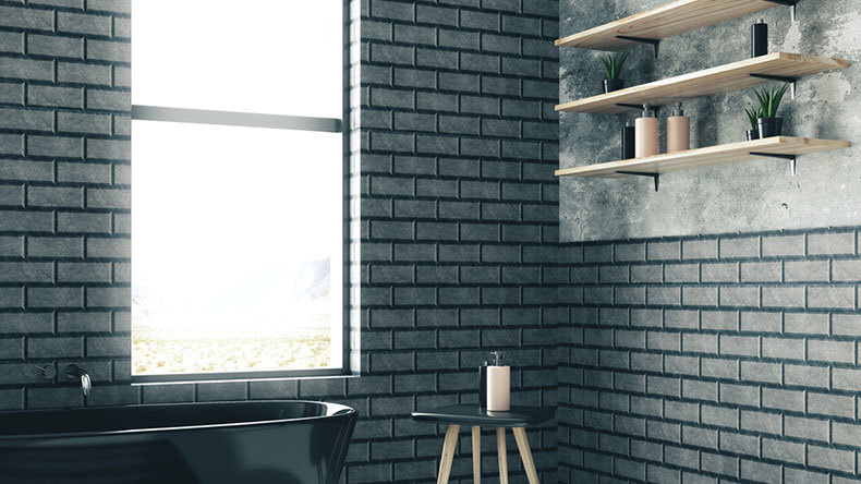 industrial bathroom with open shelving