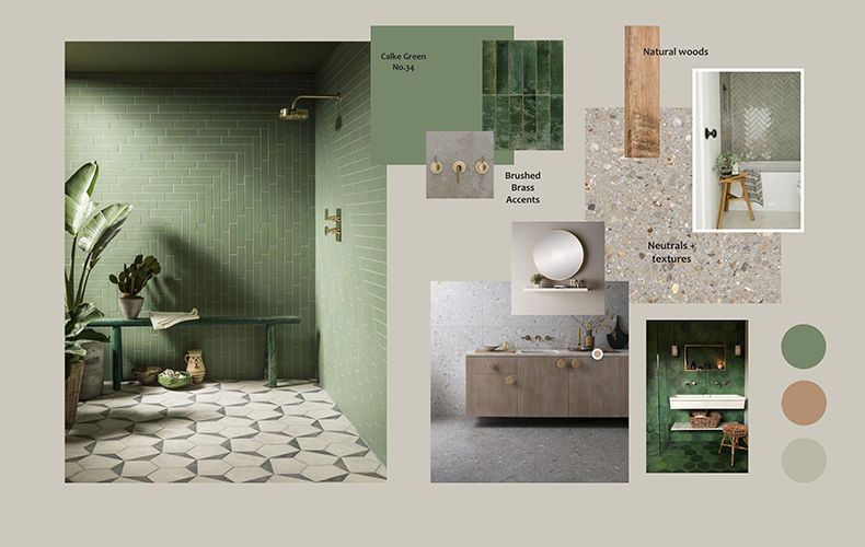 Sage green bathroom colour moodboard