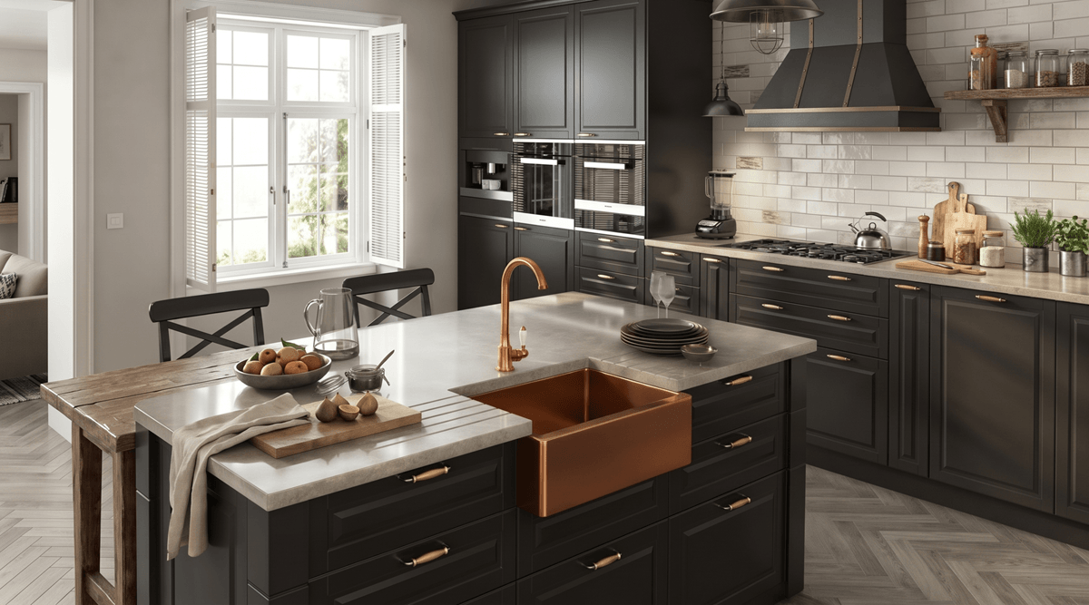 Vellamo Designer Belfast Single Bowl Stainless Steel Kitchen Sink, Brushed Copper