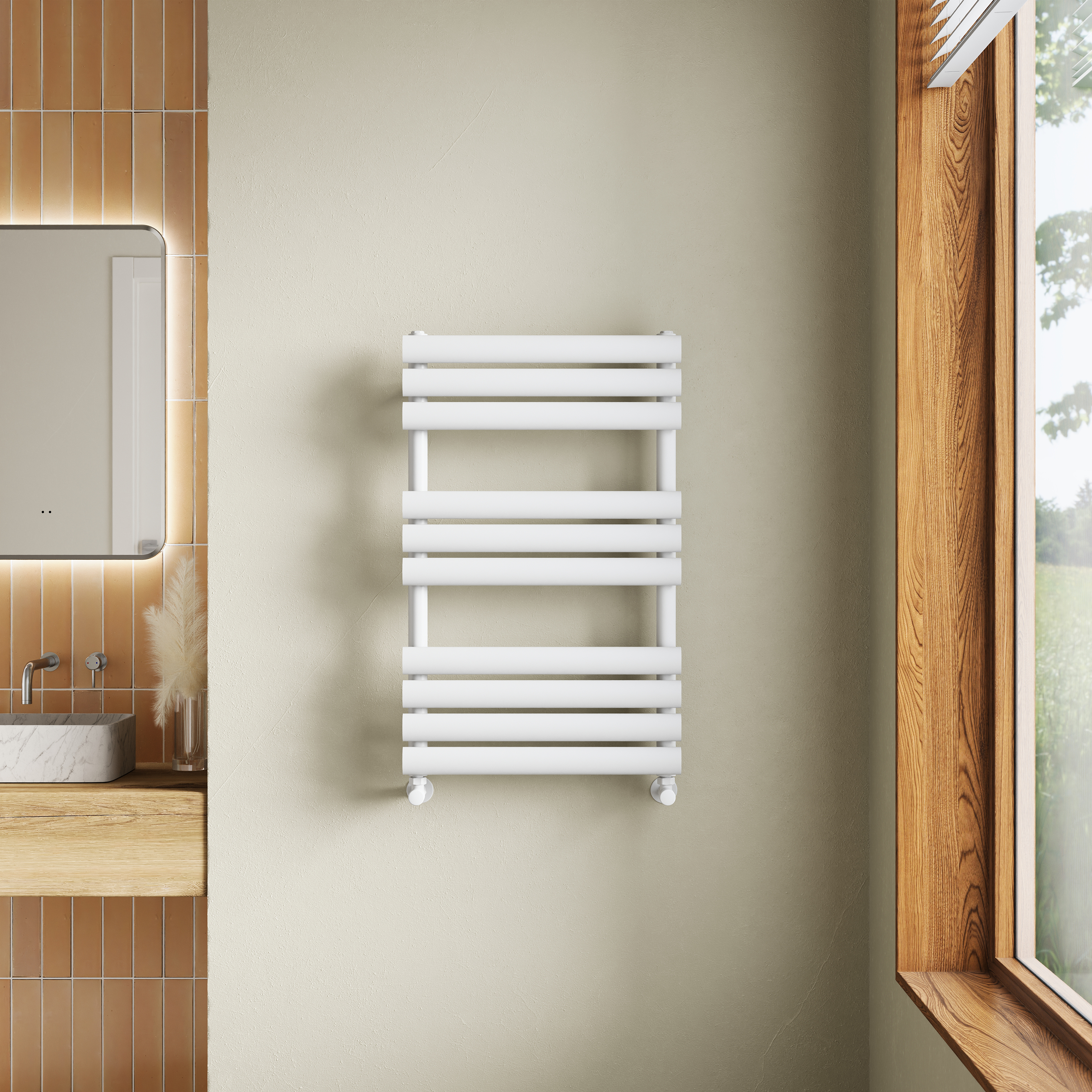 white ladder towel rail in bathroom